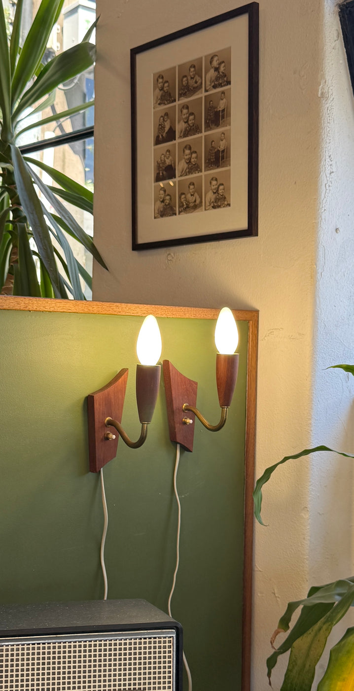 Pair of Laoni-Belysning Wall Sconces in Teak & Brass