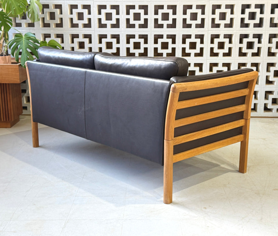 Danish Convertible Two Seater Sofa in Leather & Oak