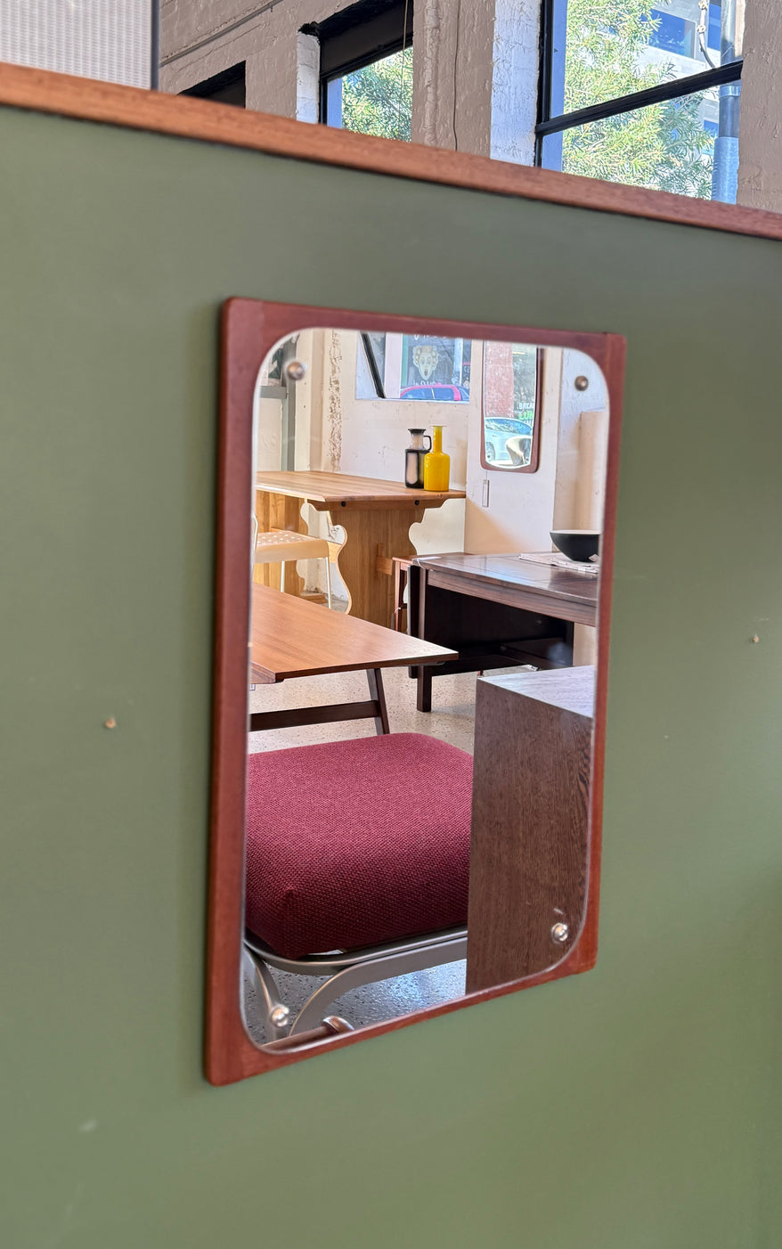 Danish Wall Mirror Set on a Teak Base