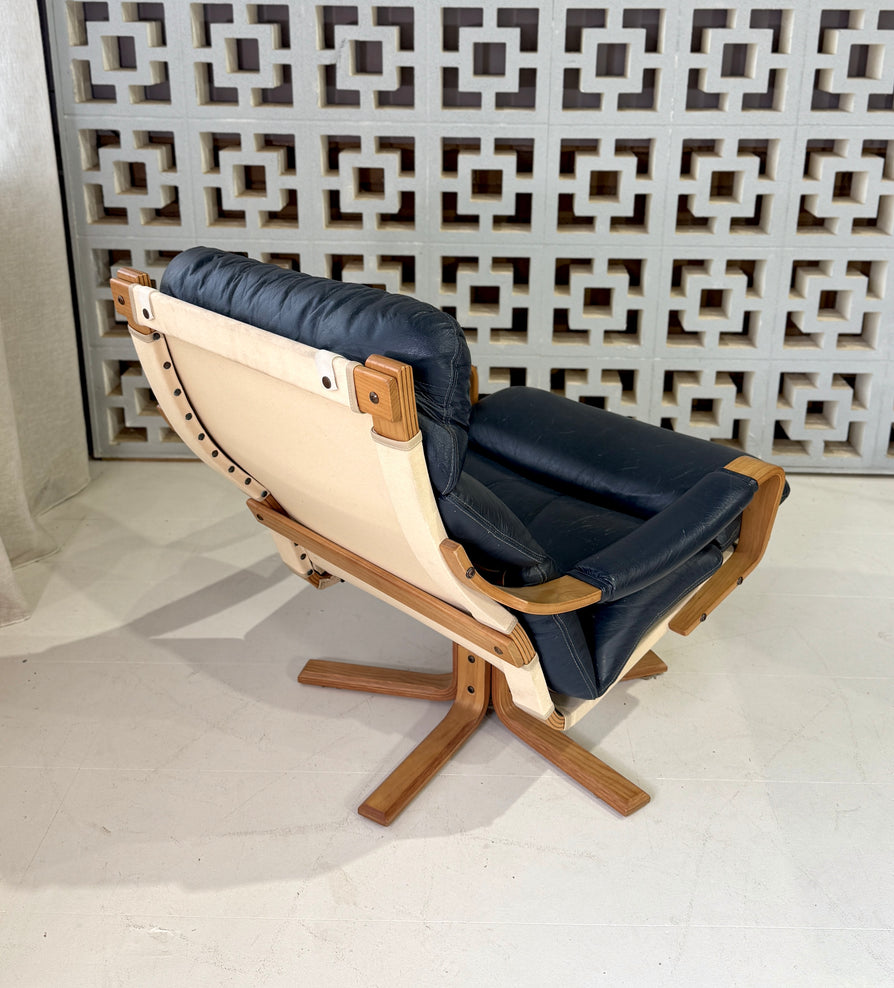 Tessa Stockholm Swivel Lounge Chair & Footstool in Blue Leather