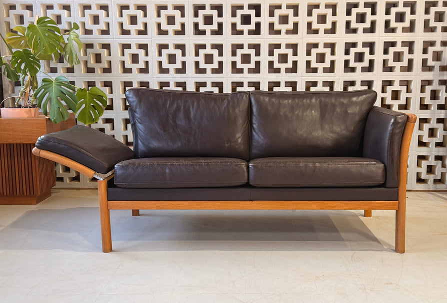 Danish Convertible Two Seater Sofa in Leather & Oak