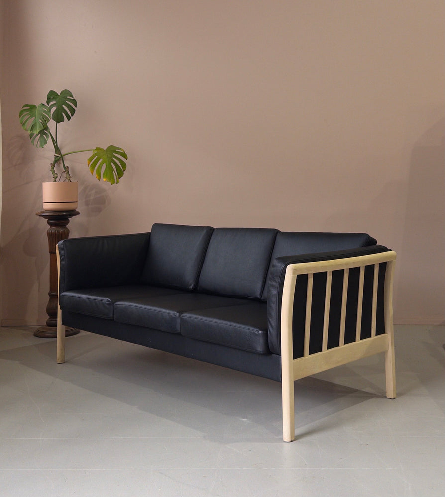 Danish Three Seater Sofa in Black Leather