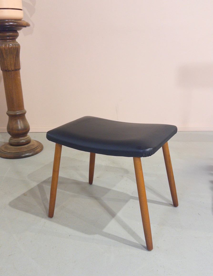 Danish Footstool in Black Vinyl and on Teak Legs