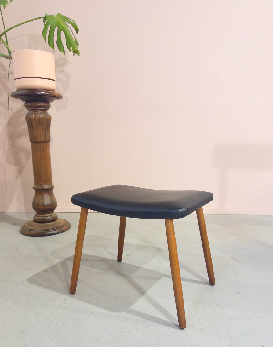 Danish Footstool in Black Vinyl and on Teak Legs