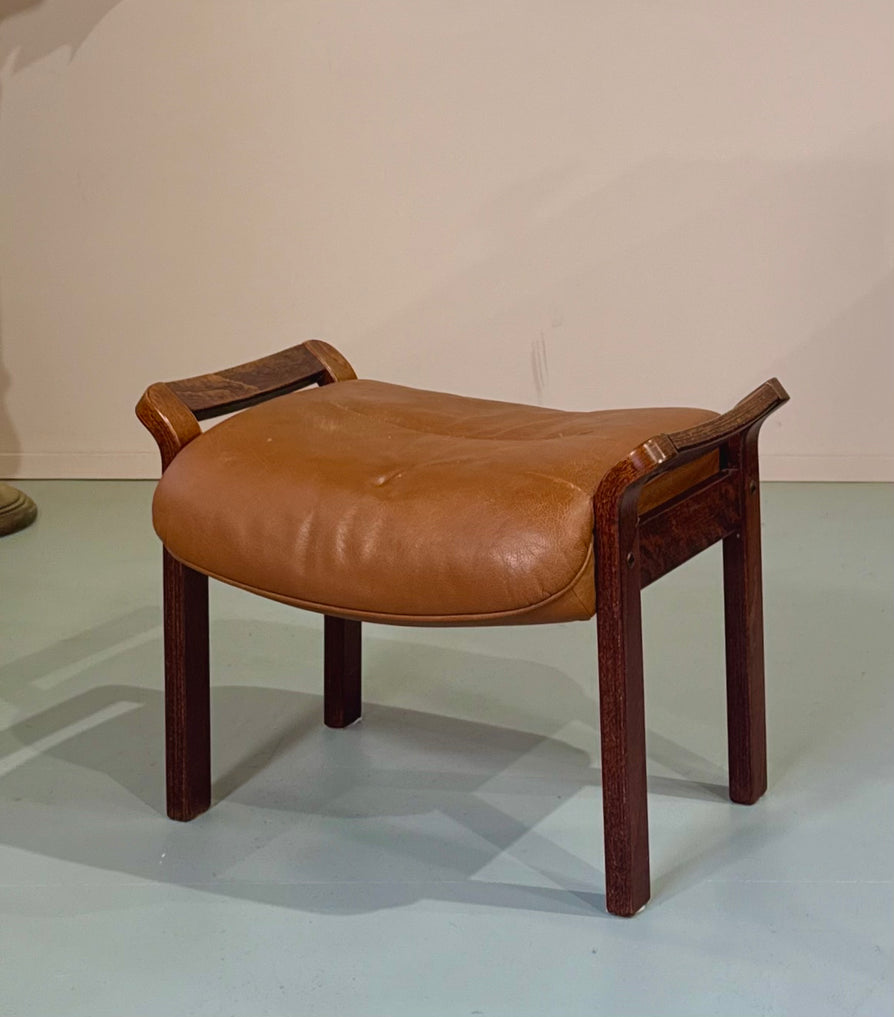 Mid-Century Footstool in Tan Leather