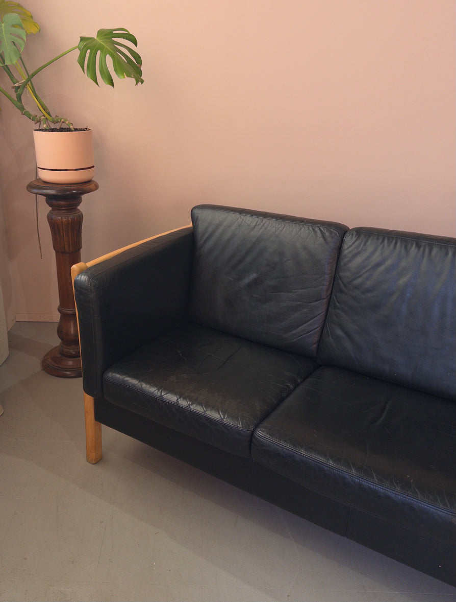 Danish Three-Seater Sofa in Black Leather