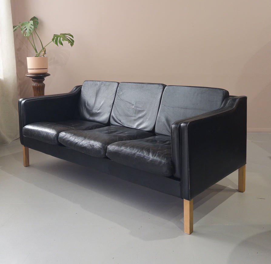 Three-Seater Danish Sofa in Black Leather