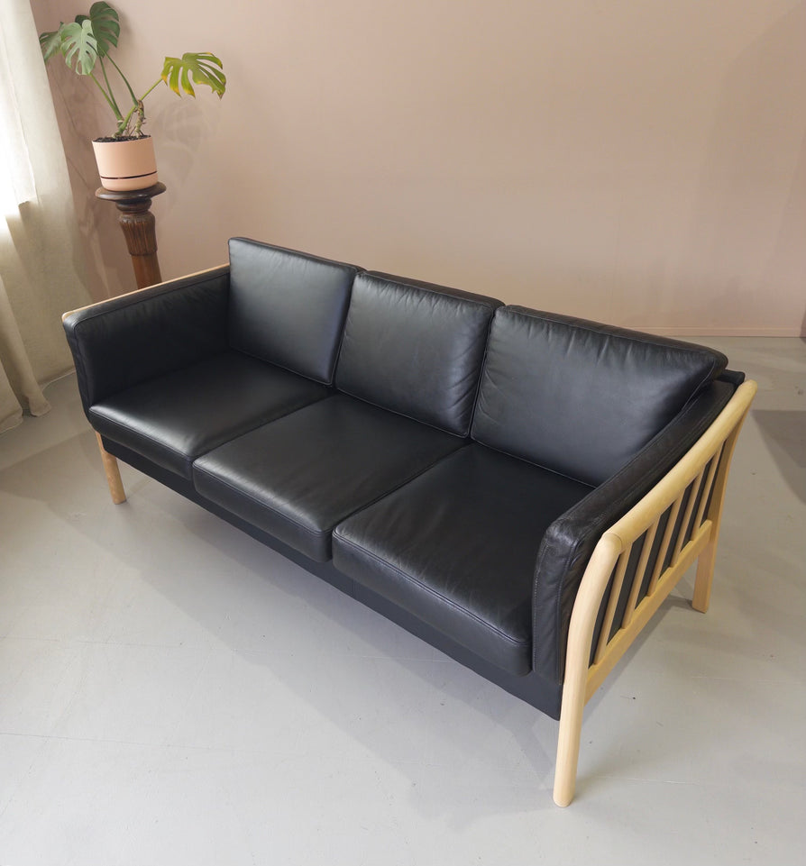 Danish Three Seater Sofa in Black Leather