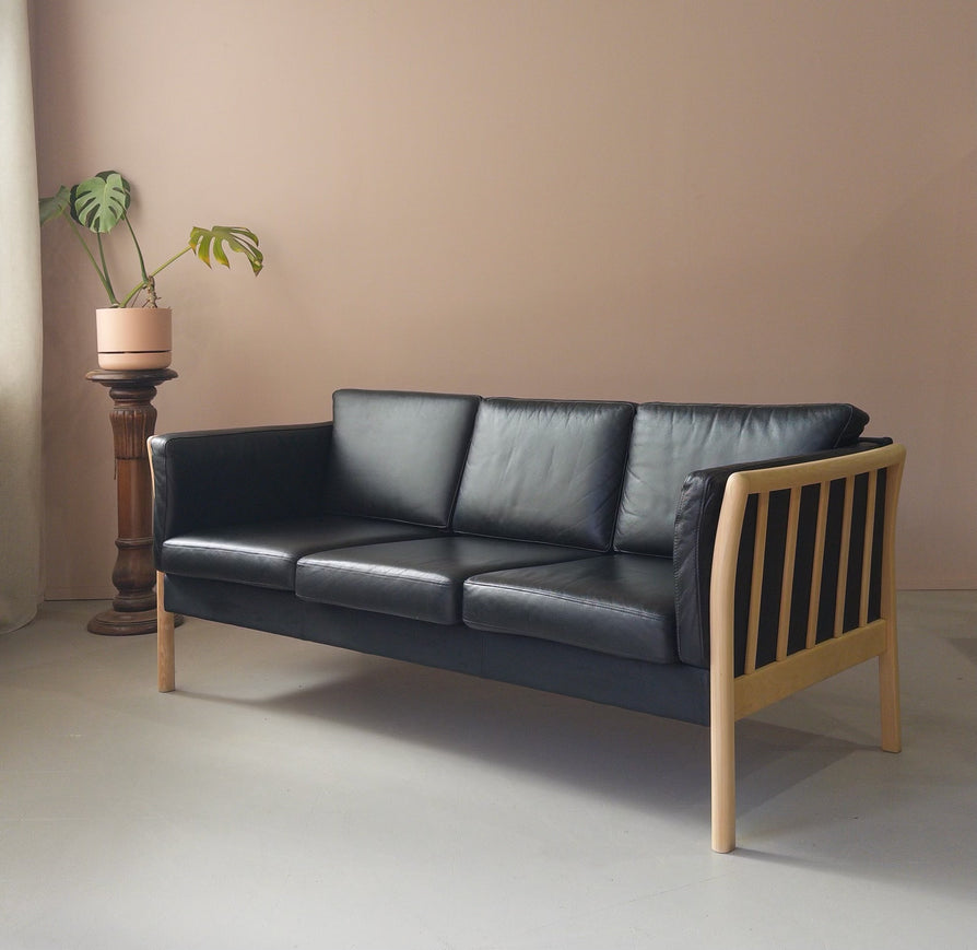 Danish Three Seater Sofa in Black Leather