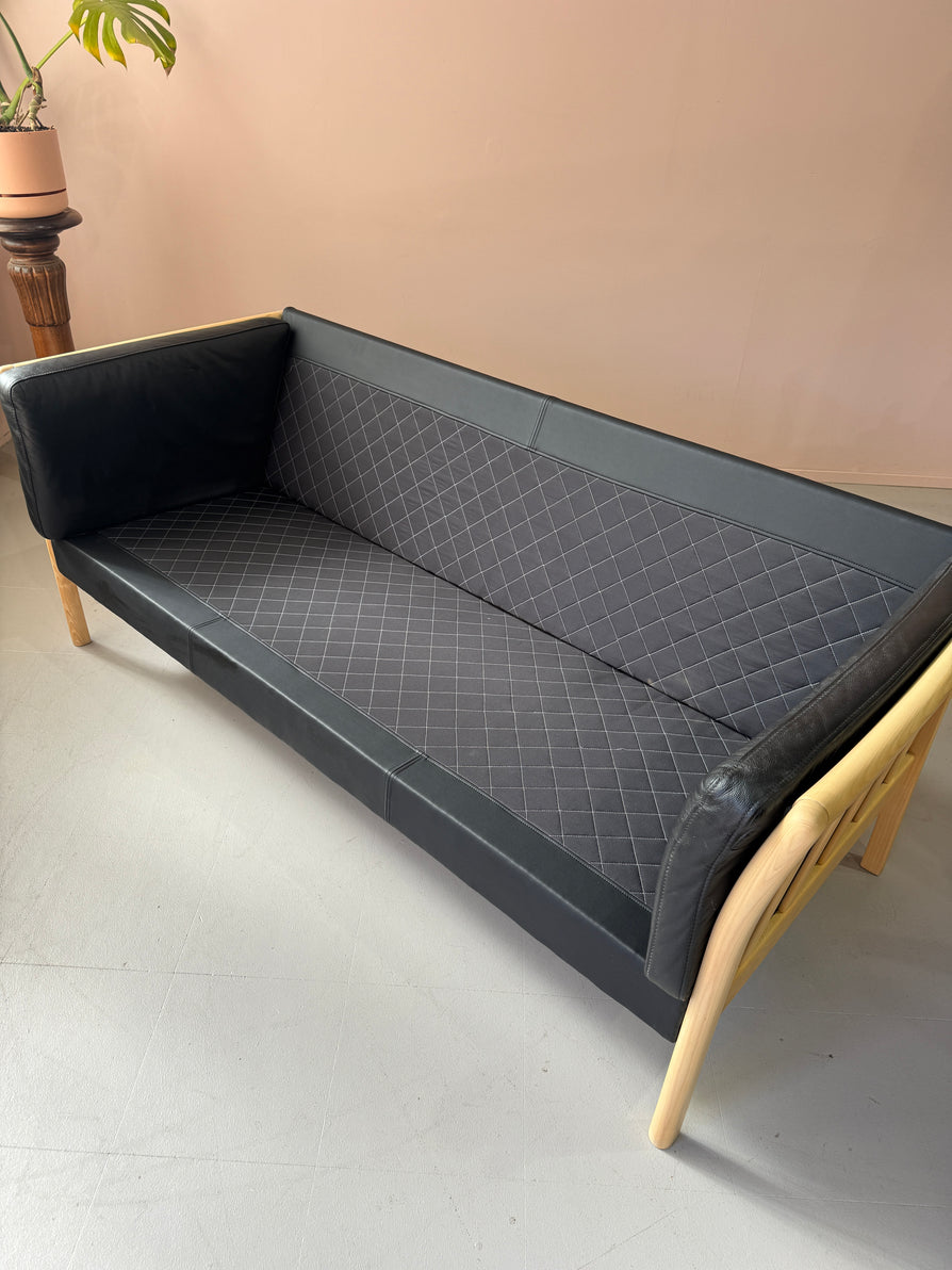 Danish Three Seater Sofa in Black Leather
