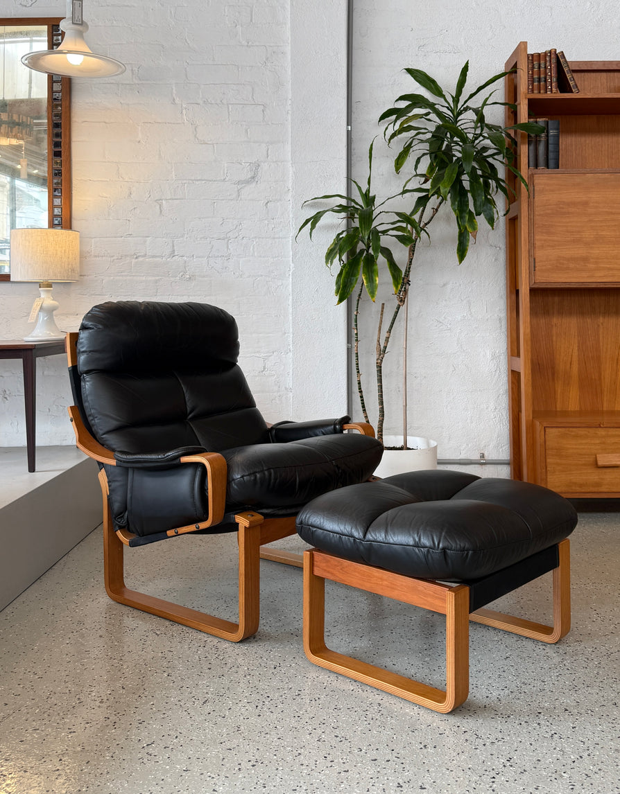 Tessa Monaco Lounge Chair & Footstool in Black Leather