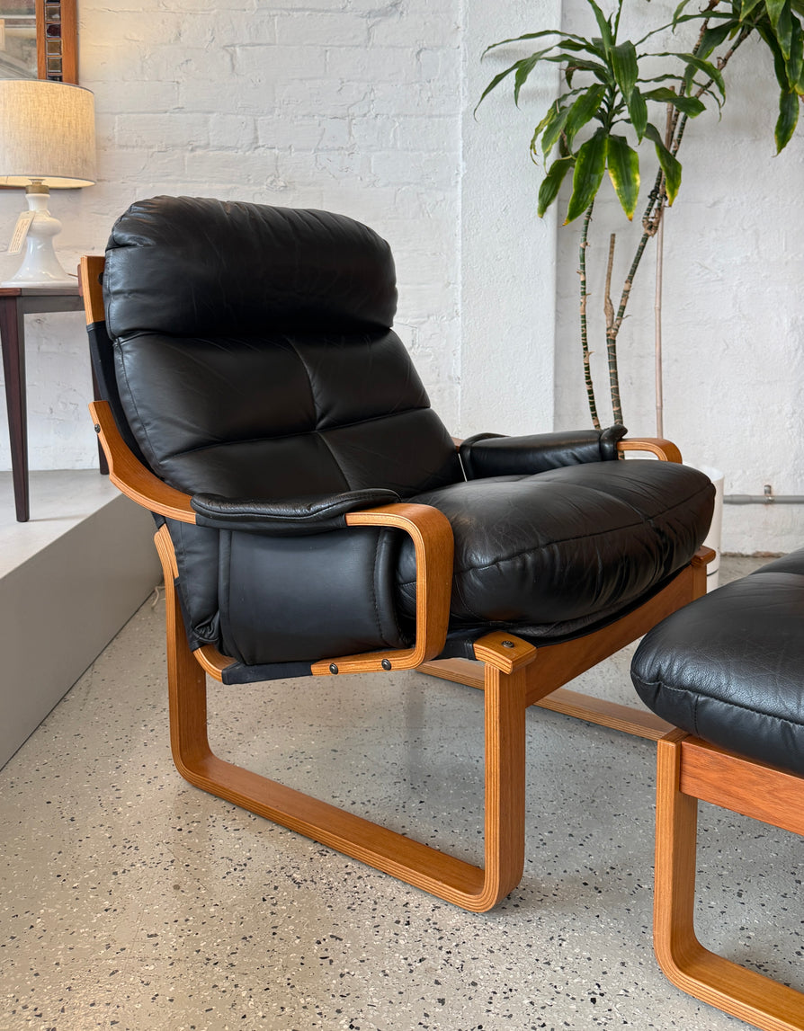 Tessa Monaco Lounge Chair & Footstool in Black Leather