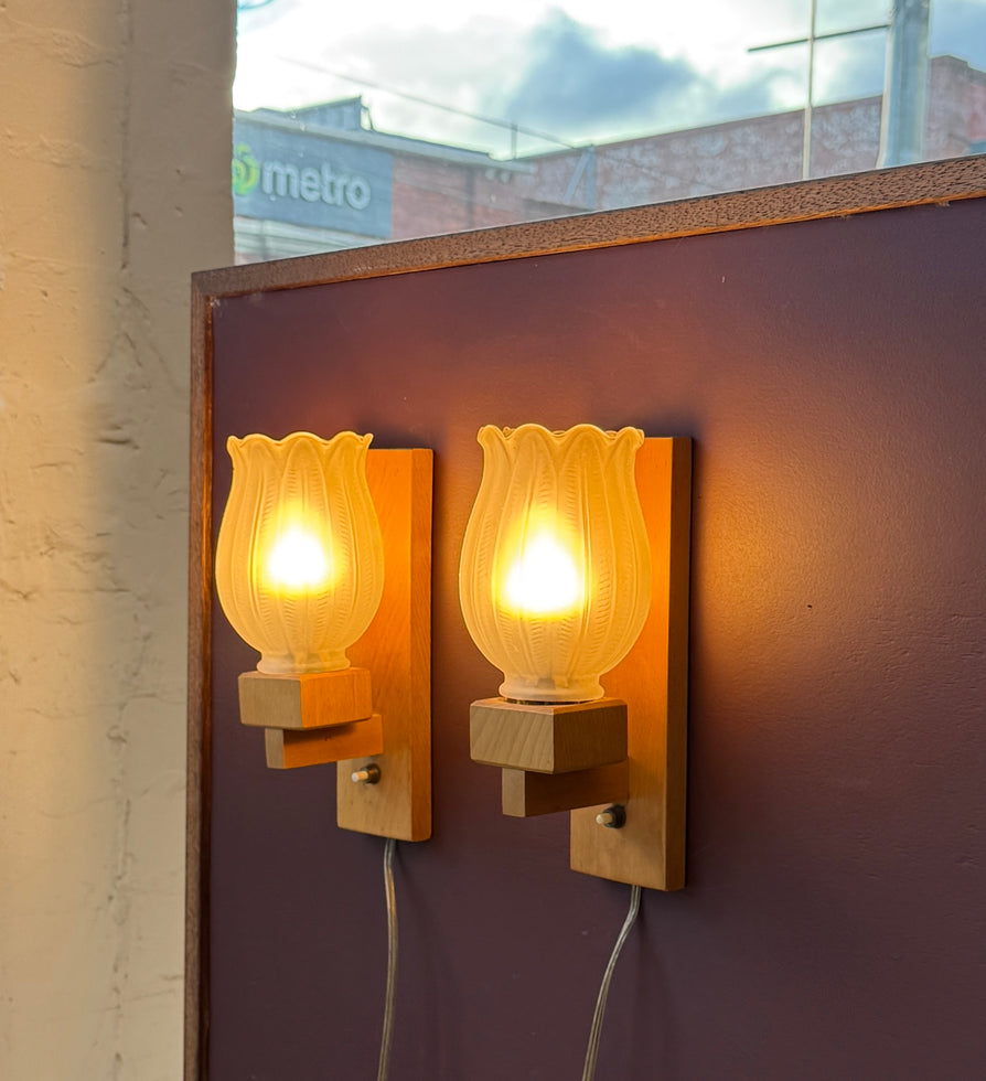 Pair of Danish Wall Sconces in Oak & Glass