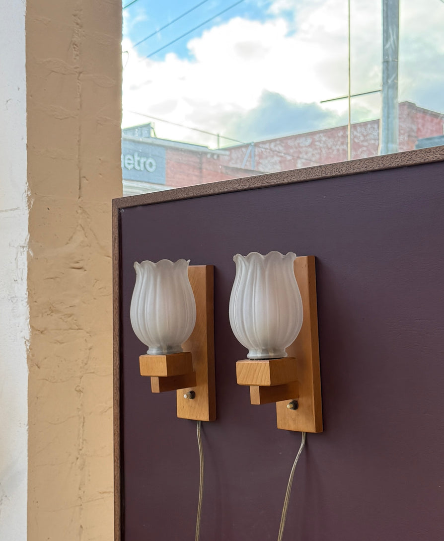 Pair of Danish Wall Sconces in Oak & Glass