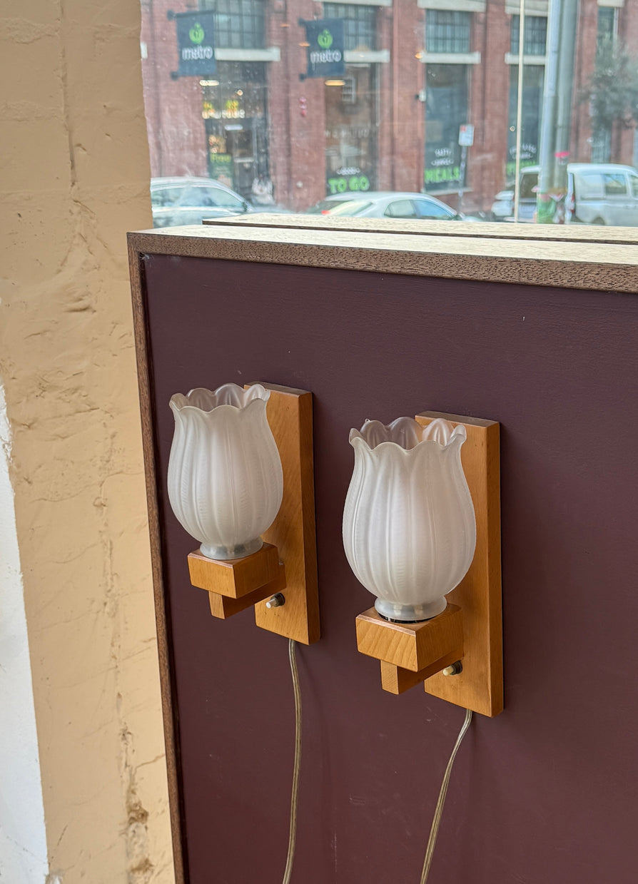 Pair of Danish Wall Sconces in Oak & Glass