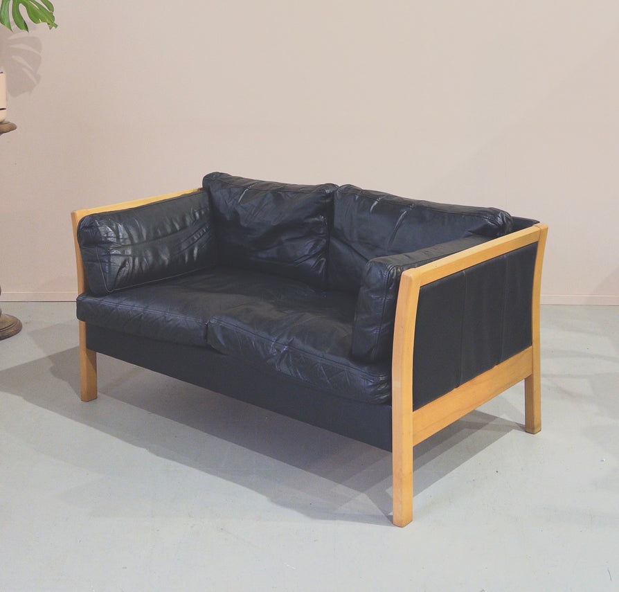 Danish Two-Seater Sofa in Black Leather