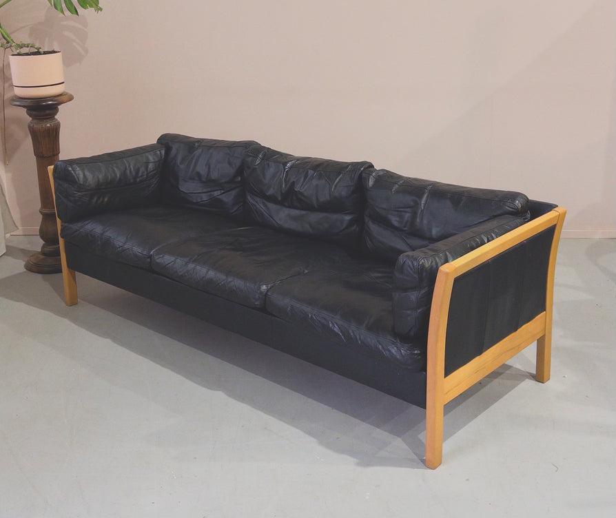 Danish Three-Seater Sofa in Black Leather