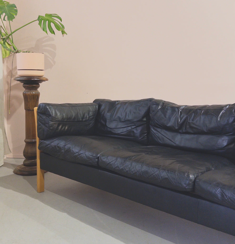 Danish Three-Seater Sofa in Black Leather