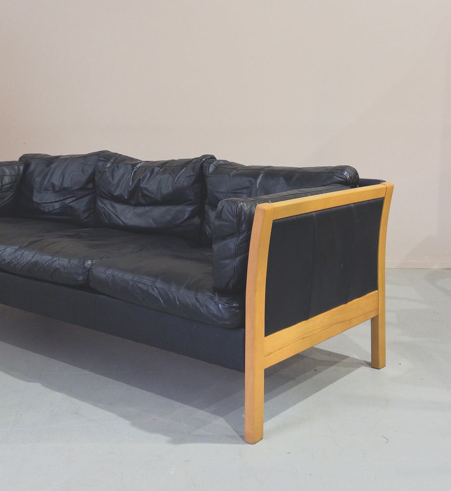 Danish Three-Seater Sofa in Black Leather