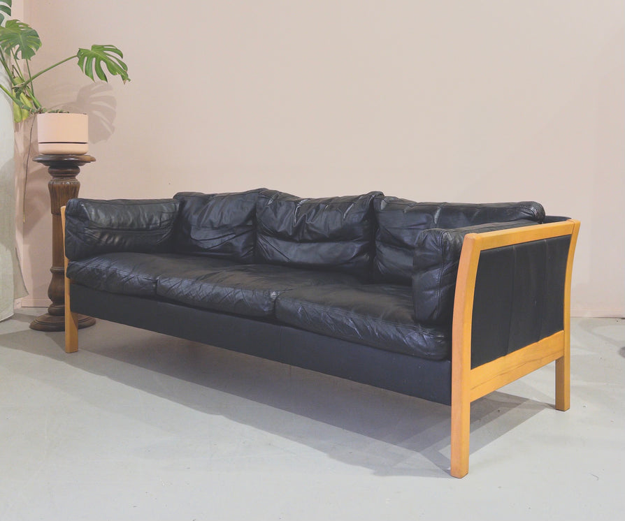 Danish Three-Seater Sofa in Black Leather