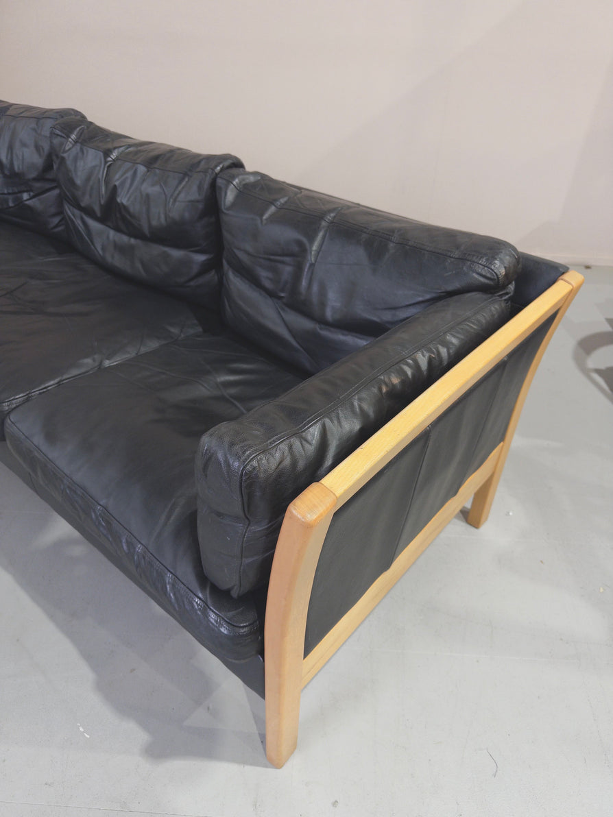Danish Three-Seater Sofa in Black Leather