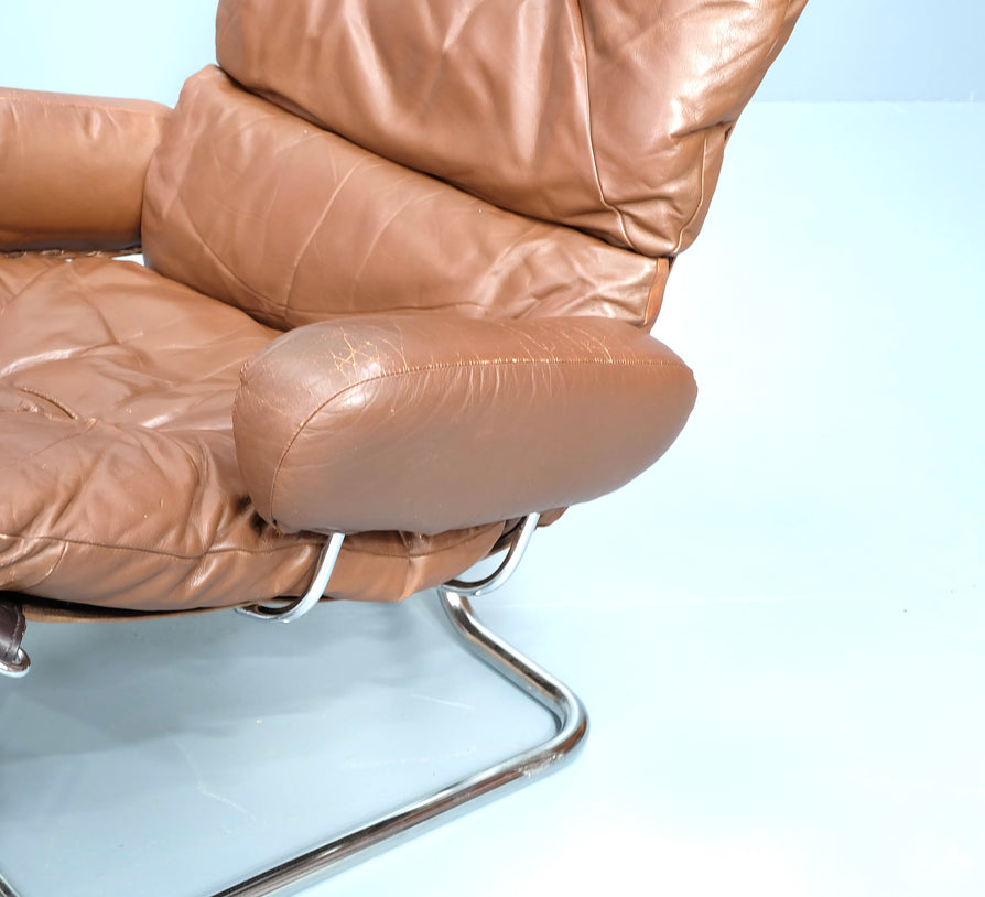 Ingmar Relling Lounge Chair & Footstool in Brown Leather