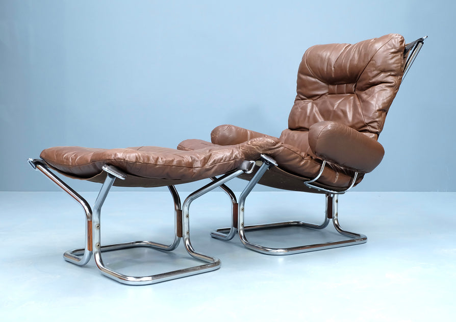 Ingmar Relling Lounge Chair & Footstool in Brown Leather