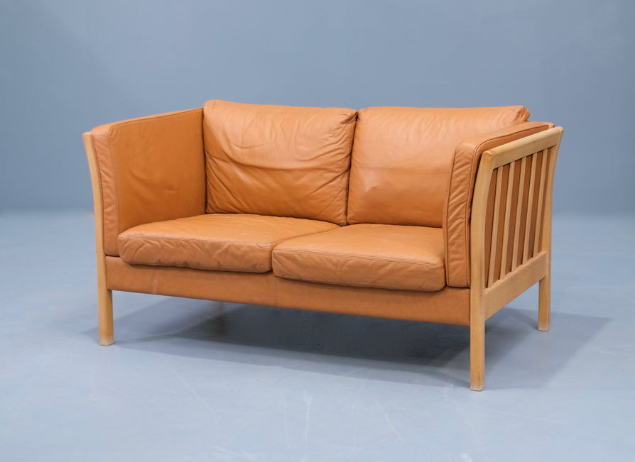 Danish Two Seater Stouby Sofa in Tan Leather
