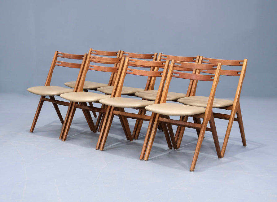 Eight Vodder Sawbuck Dining Chairs in Oak & Teak