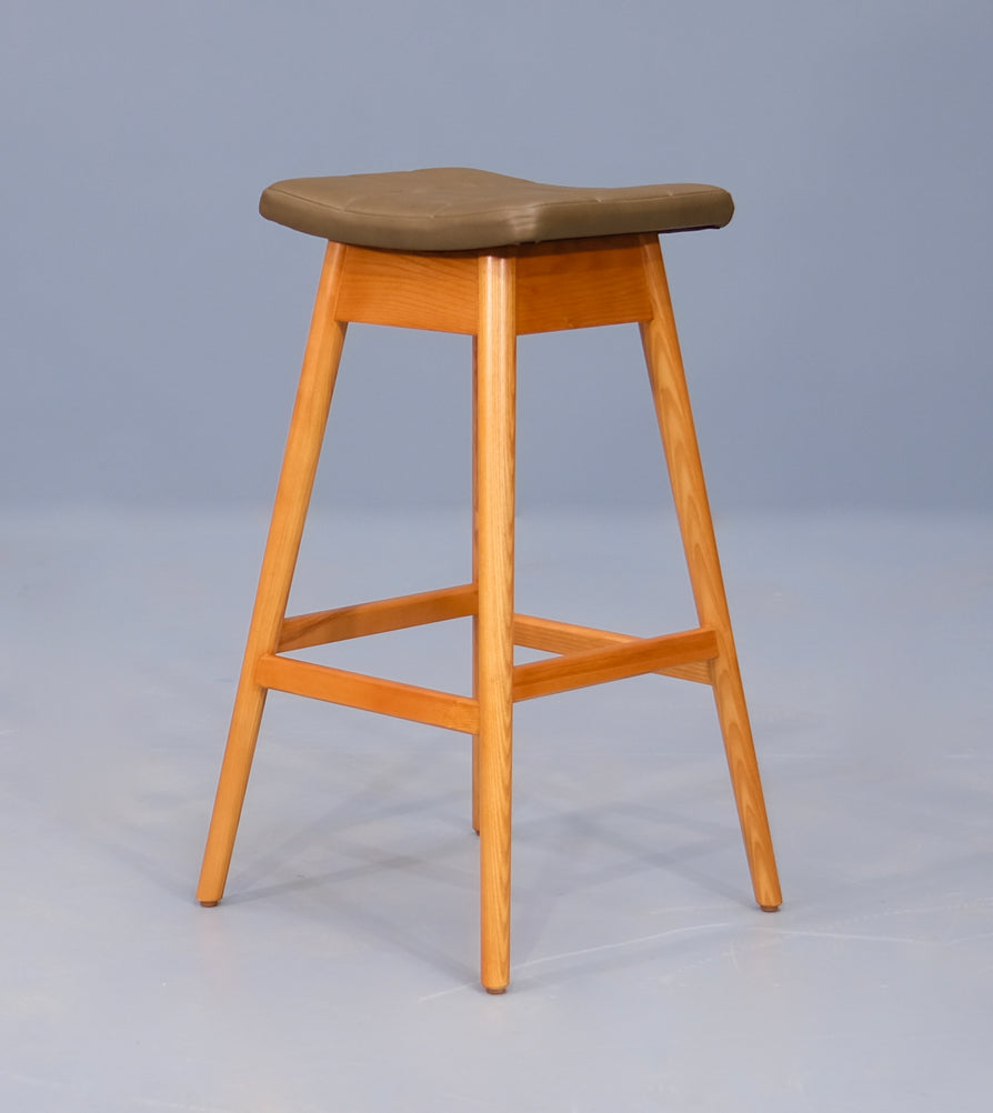 TH Brown Martelle Barstool in Teak Finish & Olive Leather